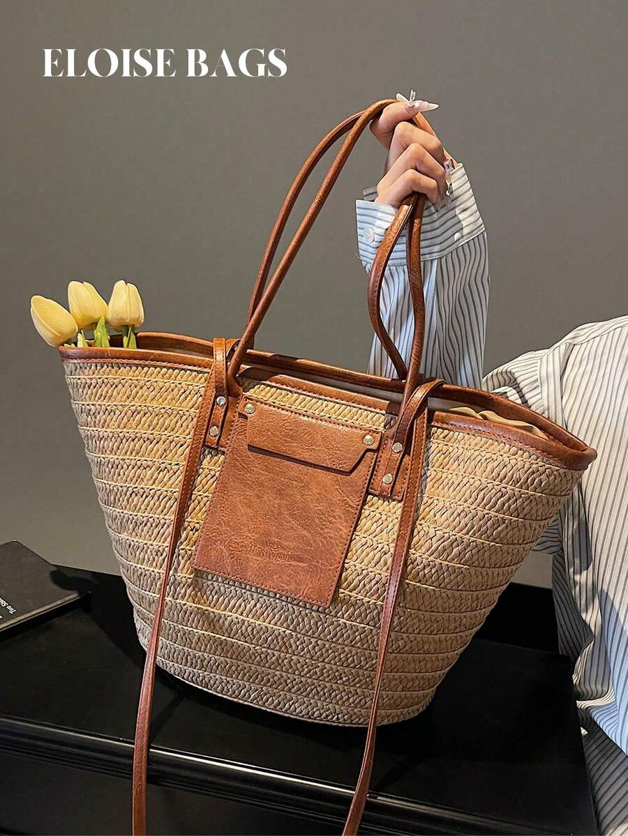 Woven Straw Bag - Modna, pojemna, tkana torba typu tote,
