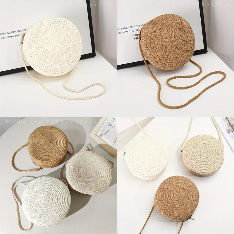 Woven Straw Bag - Okrągła tkana torba na ramię z
